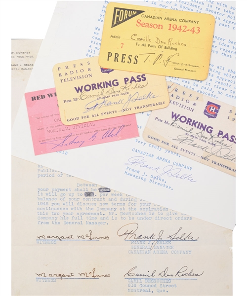 Camil DesRoches 1942-60 Montreal Forum Press Pass, 1947 Montreal Canadiens First Contract and Other Document Collection of 12 Featuring Signatures of Deceased HOFers Gorman, Selke and Campbell 