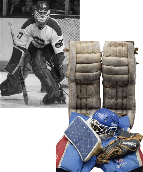 Steve Penneys Mid-1980s Montreal Canadiens / Jets Game-Worn Goalie Mask, Pads and Equipment Collection of 7 with His Signed LOA