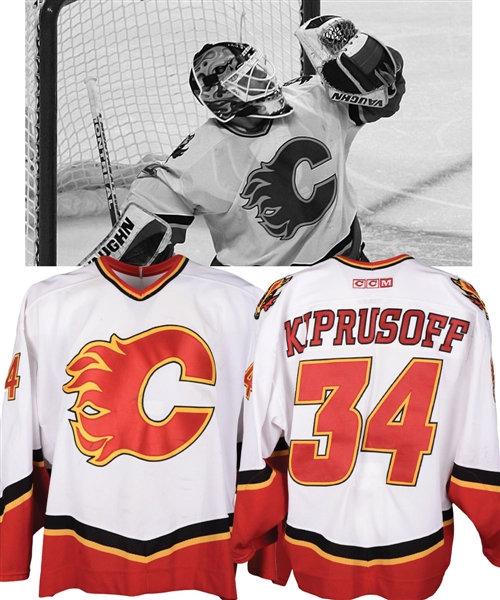 Miikka Kiprusoffs 2003-04 Calgary Flames Game-Worn Playoffs Jersey with LOA - Team Repairs! - Photo-Matched!