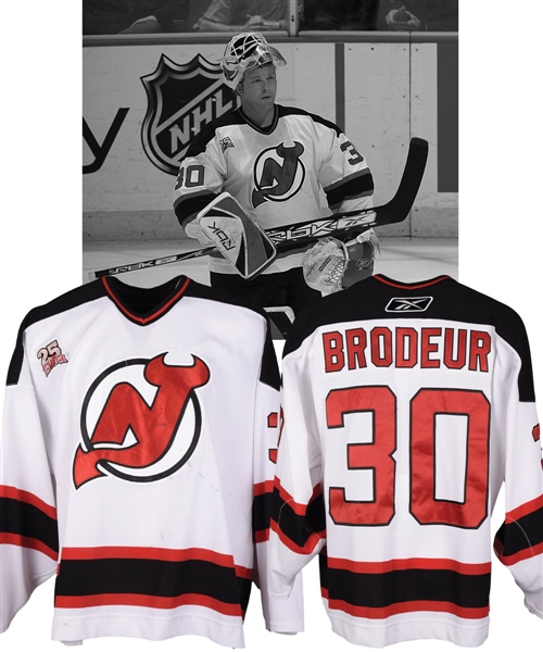 Martin Brodeurs 2006-07 New Jersey Devils Game-Worn Jersey with Team LOA - 25th Anniversary Patch! - Record-Breaking Season! - Photo-Matched!