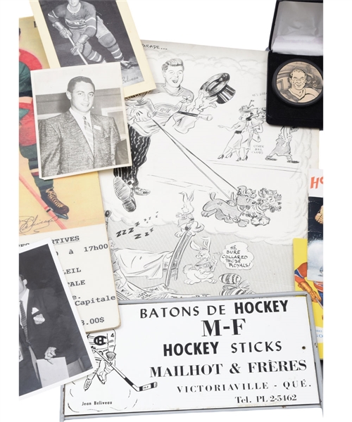 Jean Beliveau Montreal Canadiens Vintage Memorabilia Collection of 22 with Mailhot & Freres Hockey Stick Rack Sign