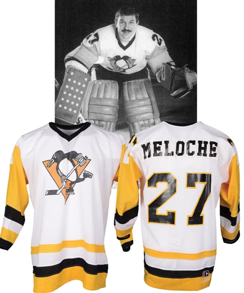 Gilles Meloches 1985-87 Pittsburgh Penguins Game-Worn Jersey with His Signed LOA - Team Repairs!