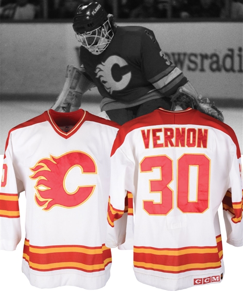 Mike Vernons 1989-90 Calgary Flames Game-Worn Jersey with LOA - 10th Anniversary Patch!
