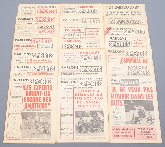 Vintage 1950s "Parlons Sports" and "La Rondelle" Hockey Newspapers Collection of 36 Including Rocket Richard 500th Goal Cover