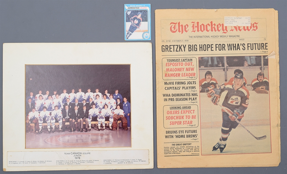 Wayne Gretzky 1979-80 O-Pee-Chee RC Card, 1978 Team Canada Jr. Team Photo and 1978 Hockey News