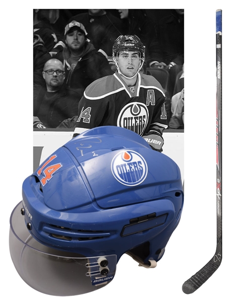 Jordan Eberles 2013-14 Edmonton Oilers Signed Bauer Game-Used Stick and Signed Bauer Game-Worn Photo-Matched Helmet with Team LOAs