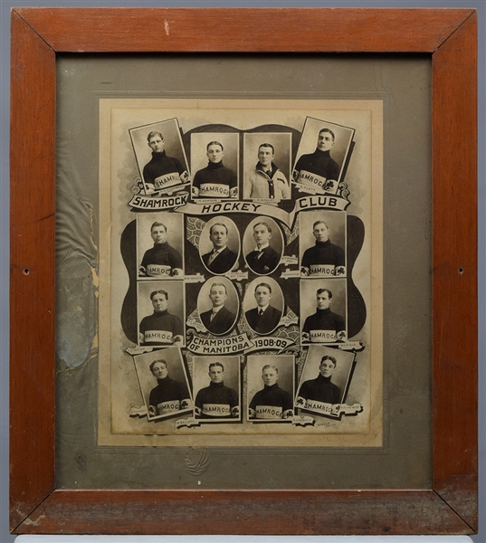 Shamrock Hockey Club 1908-09 Champions of Manitoba Framed Team Photo (22 ¾” x 25 ¾”) and 1907-08 Portage vs Maple Leafs Souvenir Stick