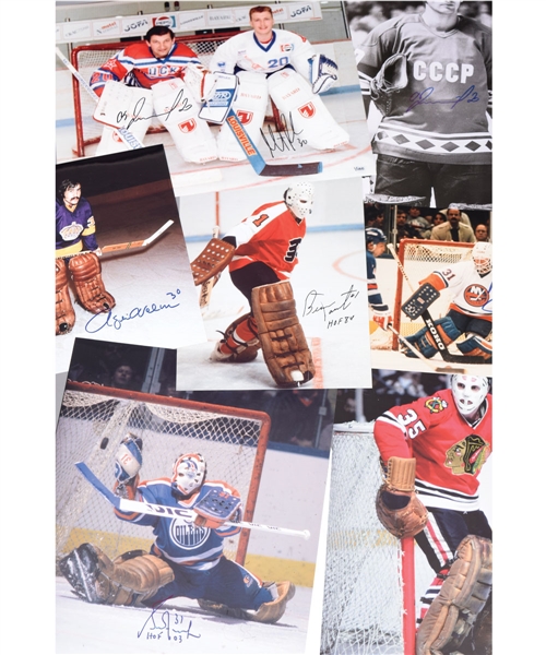 NHL Goalies HOFers and Stars Signed Photo Collection of 37 with Fuhr, Parent, Smith, Tretiak, Brodeur, Esposito, Bower and Others with LOA