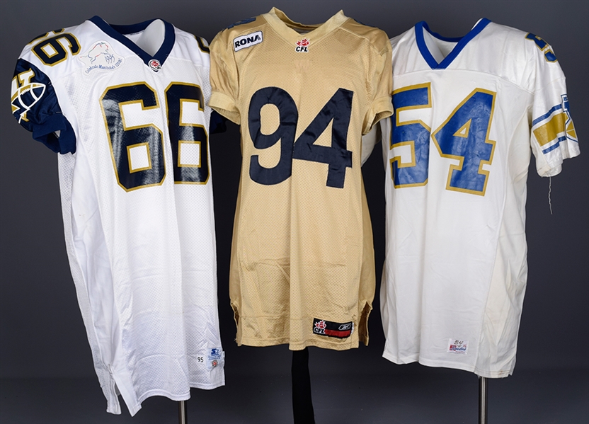 Winnipeg Blue Bombers Game-Worn Jersey Collection of 3 with HOFer Miles Gorrells 1995 Jersey