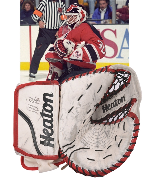 Martin Brodeurs 1995-96 New Jersey Devils Signed Heaton Helite-III Game-Used Glove with LOA - Photo-Matched!