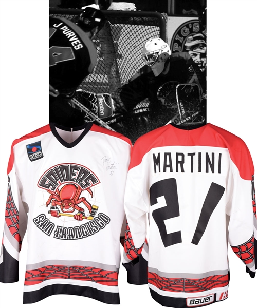 Darcy Martinis 1995-96 San Francisco Spiders Signed Game-Worn Inaugural and Only Season Jersey with LOA - Team Repairs!