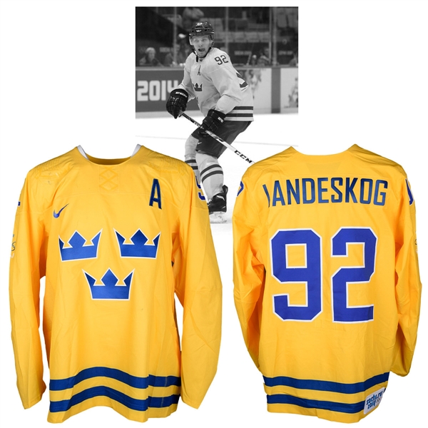 Gabriel Landeskogs 2014 Sochi Winter Olympics Team Sweden Game-Worn Alternate Captains Jersey with NHLPA LOA - Photo-Matched!