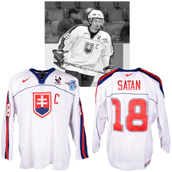 Miroslav Satans 2004 World Cup of Hockey Team Slovakia Game-Worn Captains Jersey with NHLPA LOA - Photo-Matched!