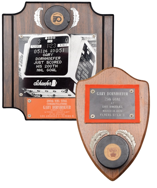 Gary Dornhoefers Philadelphia Flyers 1969-70 25th Goal Puck and Career 200th Goal Puck Plaques