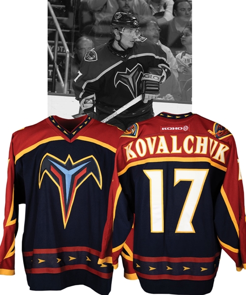 Ilya Kovalchuks 2002-03 Atlanta Trashers Game-Worn Jersey with LOA - Team Repairs! - Photo-Matched!