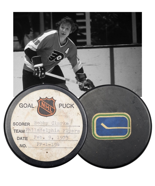 Bobby Clarkes Philadelphia Flyers February 9th 1973 Goal Puck from the NHL Goal Puck Program