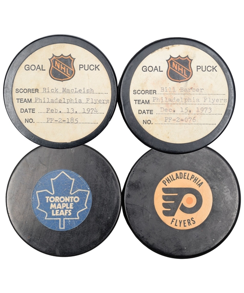 Rick Macleishs and Bill Barbers Philadelphia Flyers 1973-74 Goal Pucks from the NHL Goal Puck Program