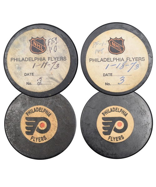 Philadelphia Flyers 1972-73 Goal Pucks (2) from the NHL Goal Puck Program