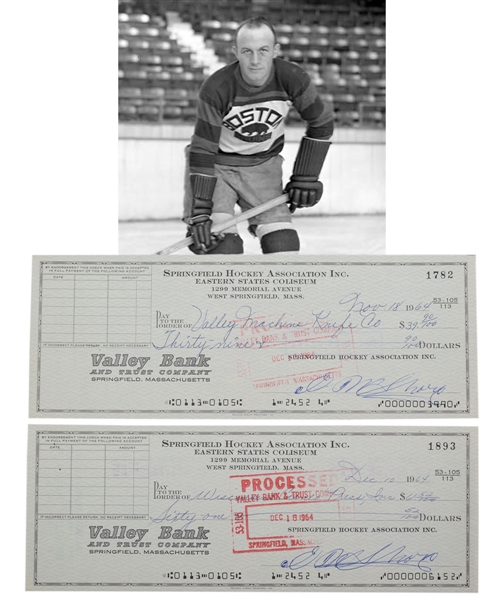 Deceased HOFer Eddie Shore Springfield Hockey Association Signed Checks (2)