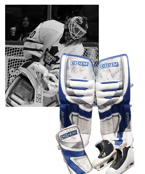 Ed Belfours 2005-06 Toronto Maple Leafs Game-Worn Photo-Matched CCM Goalie Pads Plus Blocker, Skates and Other Items