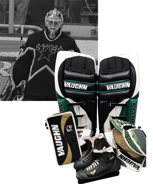 Ed Belfours 2001-02 Dallas Stars Game-Worn Vaughn Vision Goalie Pads Plus Glove, Blocker, Skates and Other Items