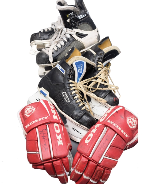 Nicklas Lidstroms and Larry Murphys Late-1990s Detroit Red Wings Game-Used Skate and Glove Collection of 3 Pairs