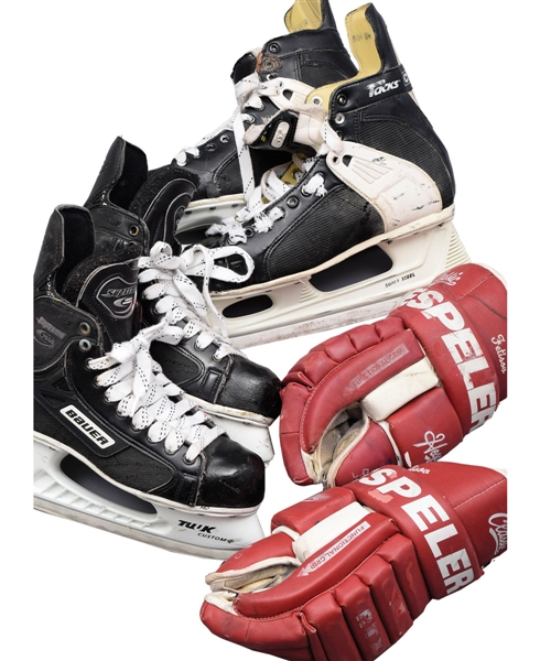 Larionovs, Fetisovs and Shanahans Late-1990s/Early-2000s Detroit Red Wings Game-Used Skate and Glove Collection of 3 Pairs