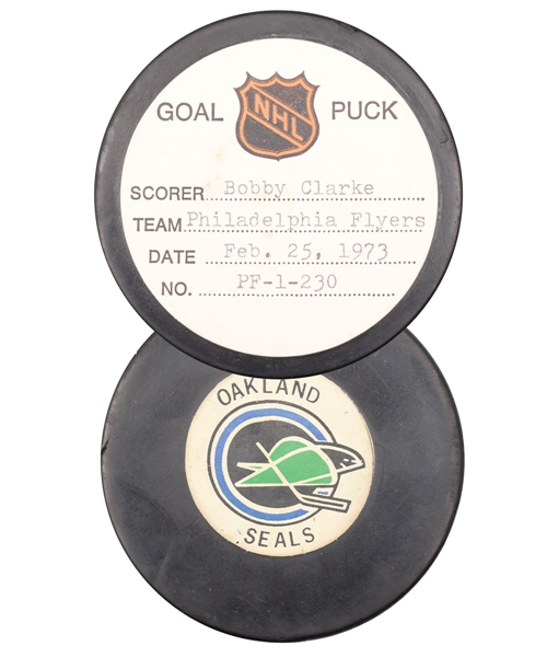 Bobby Clarke’s Philadelphia Flyers February 25th 1973 Goal Puck from the NHL Goal Puck Program - 20th Goal of Season / Career Goal #97