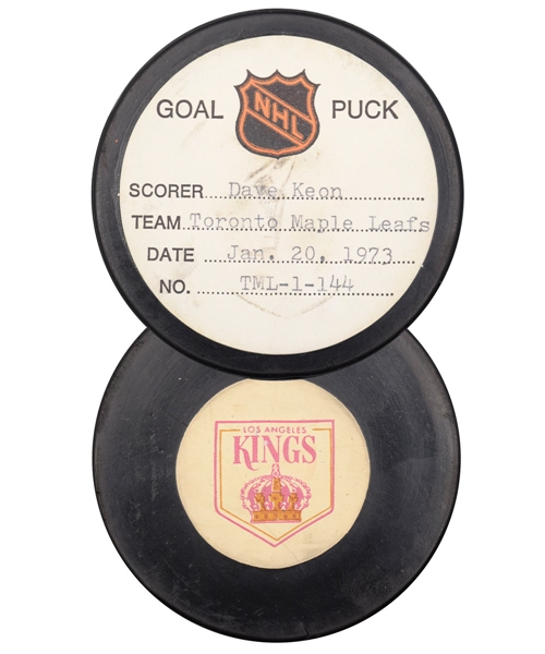 Dave Keon’s Toronto Maple Leafs January 20th 1973 Goal Puck from the NHL Goal Puck Program - 20th Goal of Season / Career Goal #307