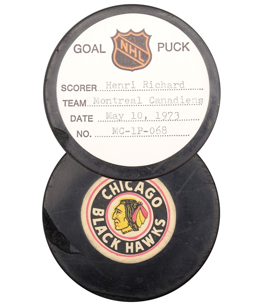 Henri Richard’s Montreal Canadiens May 10th 1973 Stanley Cup Finals Goal Puck from the NHL Goal Puck Program - Career Playoff Goal #46 -Cup Winning Game!