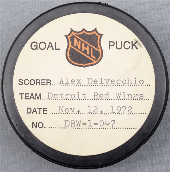 Alex Delvecchio’s Detroit Red Wings November 12th 1972 Goal Puck from the NHL Goal Puck Program - 4th Goal of Season / Career Goal #441