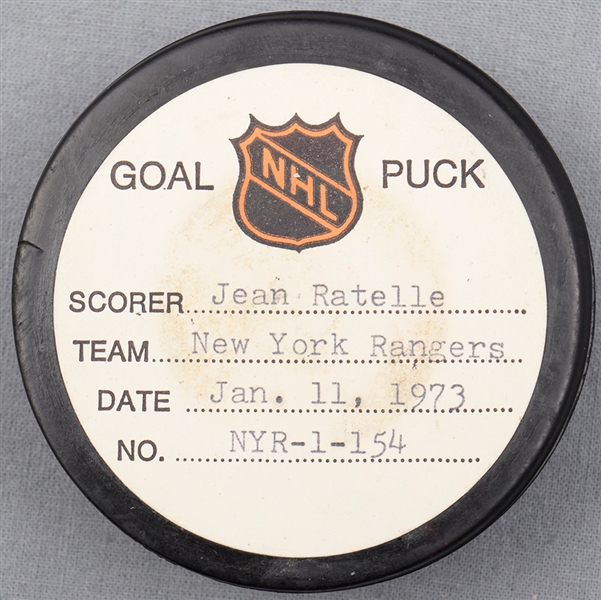 Jean Ratelle’s New York Rangers January 11th 1973 Goal Puck from the NHL Goal Puck Program - 20th Goal of Season / Career Goal #246