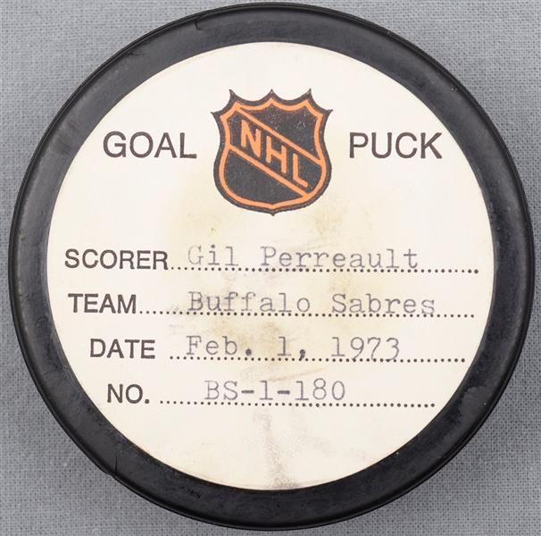 Gilbert Perreault’s Buffalo Sabres February 1st 1973 Goal Puck from the NHL Goal Puck Program - 20th of Season / Career Goal #84