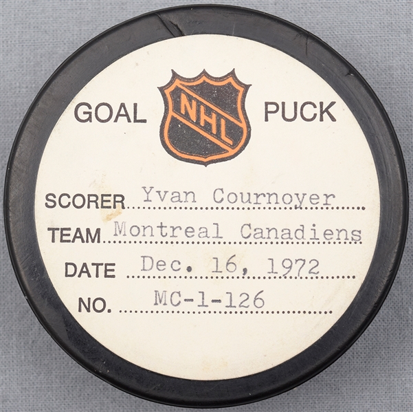 Yvan Cournoyer’s Montreal Canadiens December 16th 1972 Goal Puck from the NHL Goal Puck Program - 20th Goal of Season / Career Goal #256