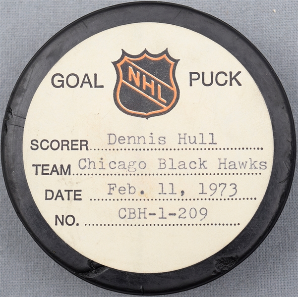 Dennis Hull’s Chicago Black Hawks February 11th 1973 Goal Puck from the NHL Goal Puck Program - 30th Goal of Season / Career Goal #201