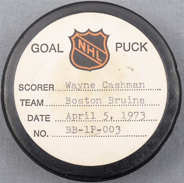 Wayne Cashman’s Boston Bruins April 5th 1973 Stanley Cup Playoffs Goal Puck from the NHL Goal Puck Program - Career Playoff Goal #13