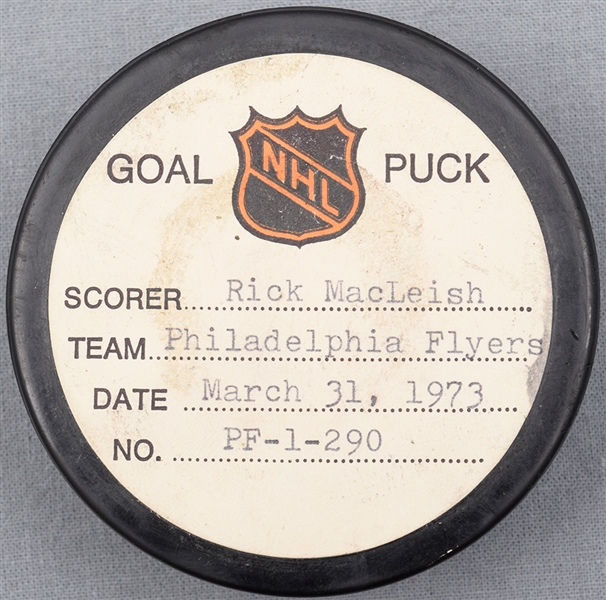 Rick MacLeish’s Philadelphia Flyers March 31st 1973 Goal Puck from the NHL Goal Puck Program - 49th Goal of Season / Career Goal #52