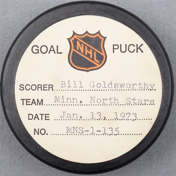 Bill Goldsworthy’s Minnesota North Stars January 13th 1973 Goal Puck from the NHL Goal Puck Program - 15th Goal of Season / Career Goal #150