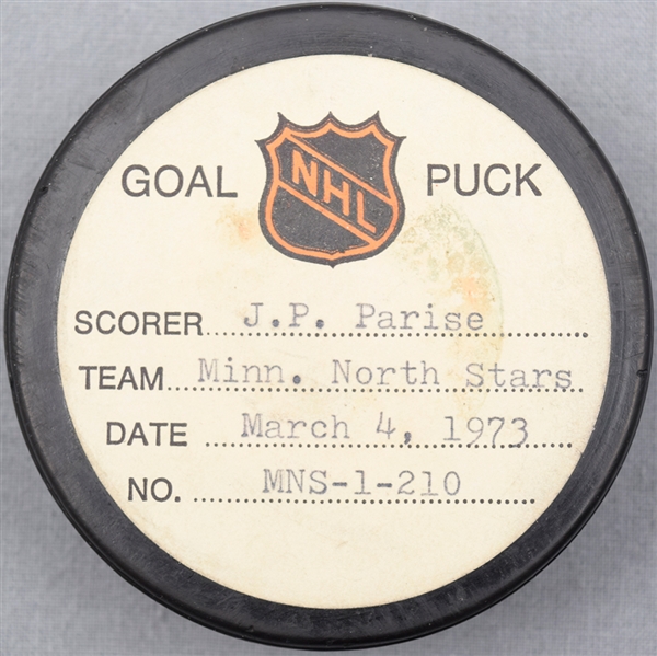 J.P. Parise’s Minnesota North Stars March 4th 1973 Goal Puck from the NHL Goal Puck Program - 25th Goal of Season / Career Goal #114