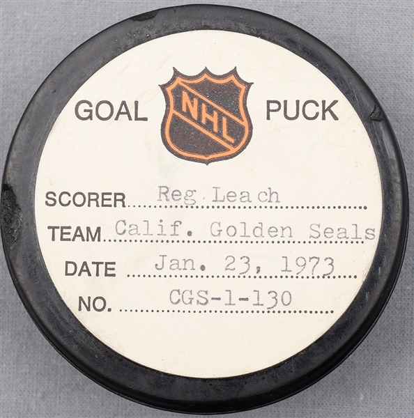 Reg Leach’s California Golden Seals January 23rd 1973 Goal Puck from the NHL Goal Puck Program - 13th Goal of Season / Career Goal #28