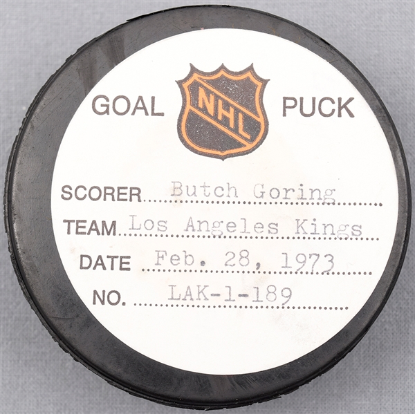 Robert "Butch" Goring’s Los Angeles Kings February 28th 1973 Goal Puck from the NHL Goal Puck Program - 20th Goal of Season / Career Goal #56