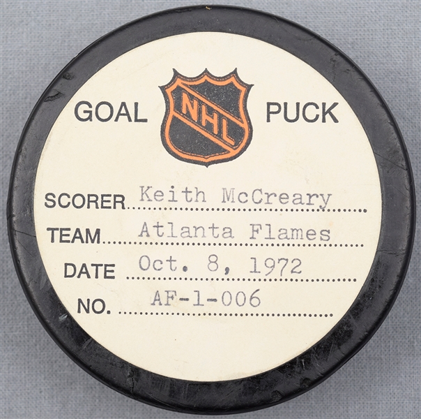 Keith McCreary’s Atlanta Flames October 8th 1972 Goal Puck from the NHL Goal Puck Program - 1st Goal of Season / Career Goal #83