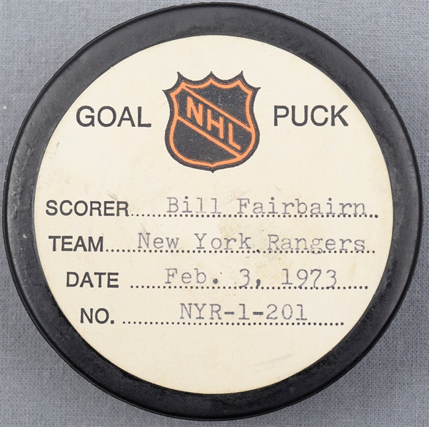 Bill Fairbairn’s New York Rangers February 3rd 1973 Goal Puck from the NHL Goal Puck Program - 20th Goal of Season / Career Goal #162
