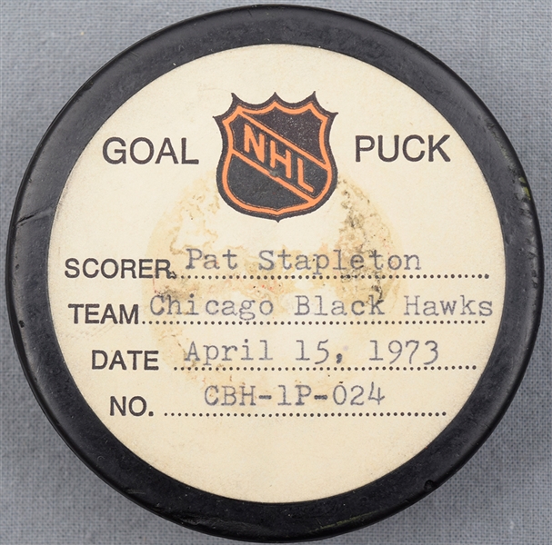 Pat Stapleton’s Chicago Black Hawks April 15th 1973 Stanley Cup Semifinals Goal Puck from the NHL Goal Puck Program - Career Playoff Goal #9