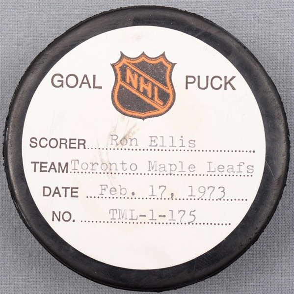 Ron Ellis’ Toronto Maple Leafs February 17th 1973 Goal Puck from the NHL Goal Puck Program - 20th Goal of Season / Career goal #219