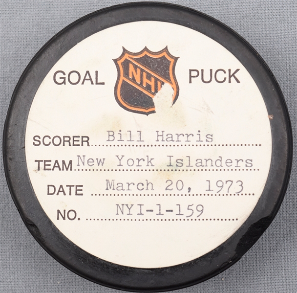 Billy Harris’ New York Islanders March 20th 1973 Goal Puck from the NHL Goal Puck Program - 25th Goal of Season / Career Goal #25