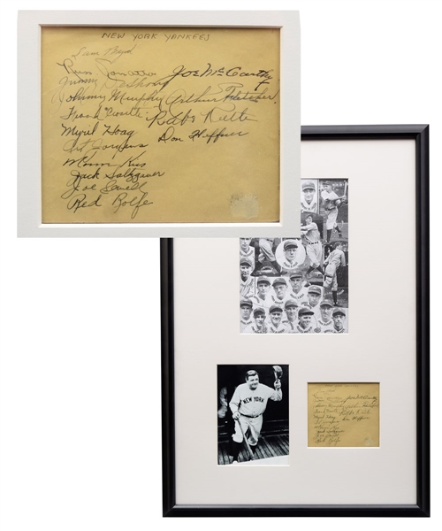 New York Yankees 1934 Team-Signed Sheet Framed Display Featuring Babe Ruth, Sewell and McCarthy with PSA/DNA LOA