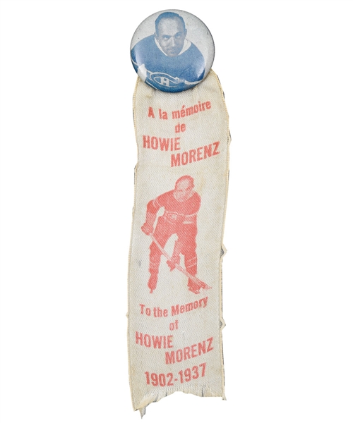 Howie Morenz 1937 Memorial Game Pin with Ribbon