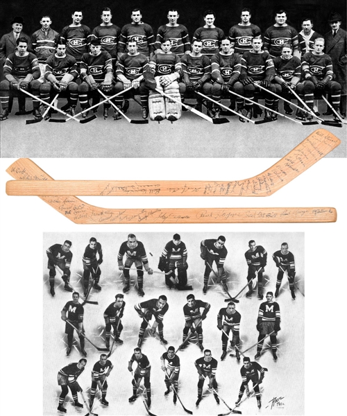 Montreal Canadiens and Montreal Maroons 1935-36 Team-Signed Mini Stick by Both Teams with Deceased HOFers Joliat, Mantha, Gorman, Smith and Conacher