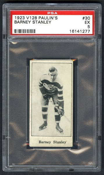 1923-24 Paulins Candy V128 Hockey Card #30 HOFer Barney Stanley RC - Graded PSA 5 - Highest Graded!